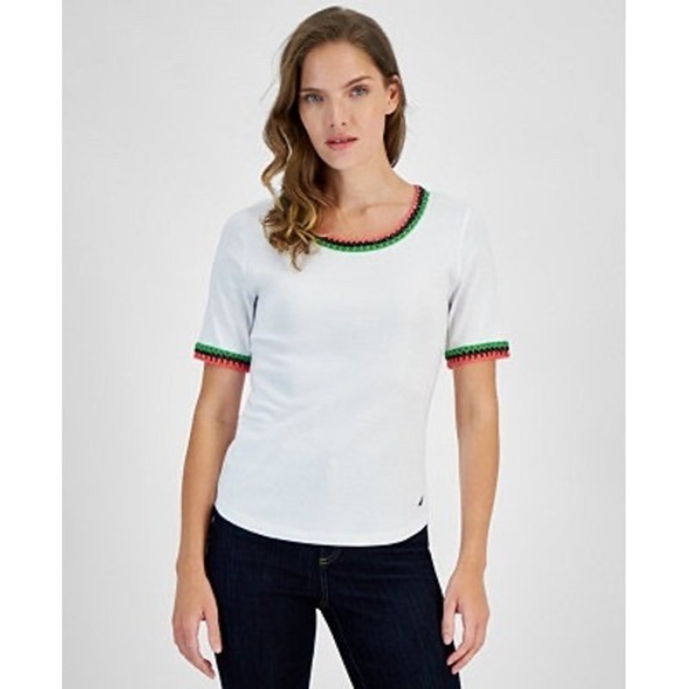 Nautica Jeans‎ White Crochet Trim Knit T Shirt XL NWT